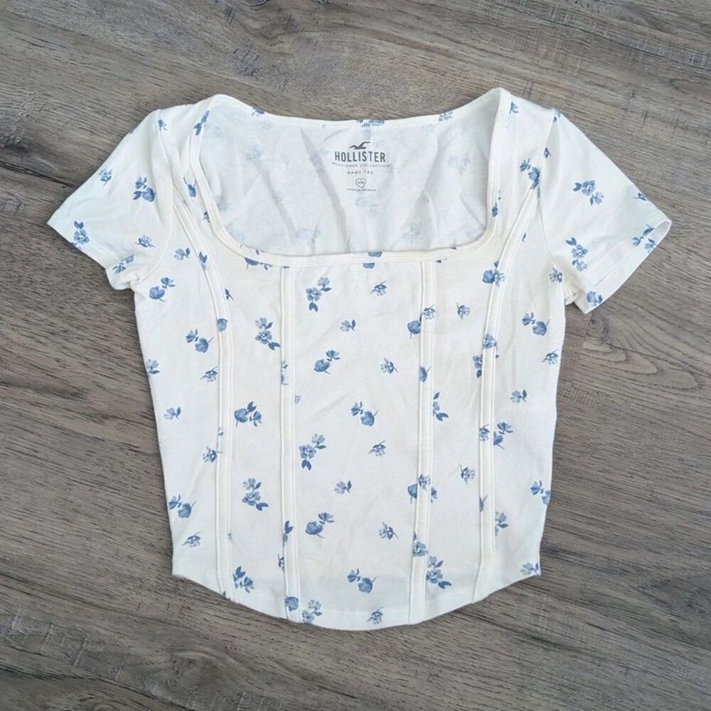 Hollister Baby Tee Crop T-shirt White & Blue Flowers Size XXS